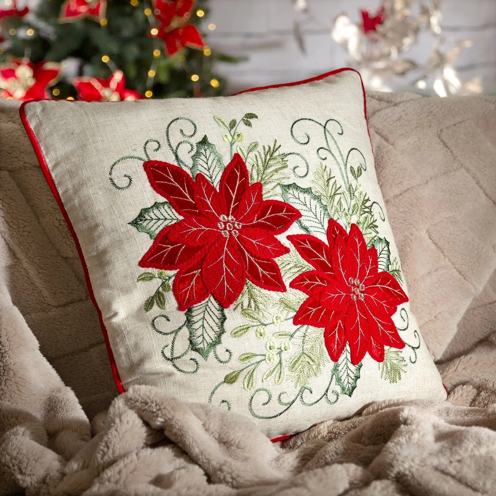 VIANOČNÁ DEKORAČNÁ OBLIEČKA NA VANKÚŠ POINSETTIA 45X45 CM VZOROVANÁ