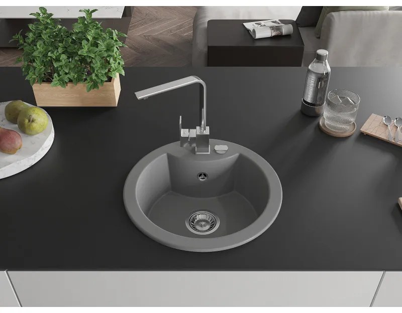 Mexen Diego, 1-komorový granitový drez 488x488x167 mm, chrómový sifón, chrómová batéria Rita, šedá, 6512-71-670300-00
