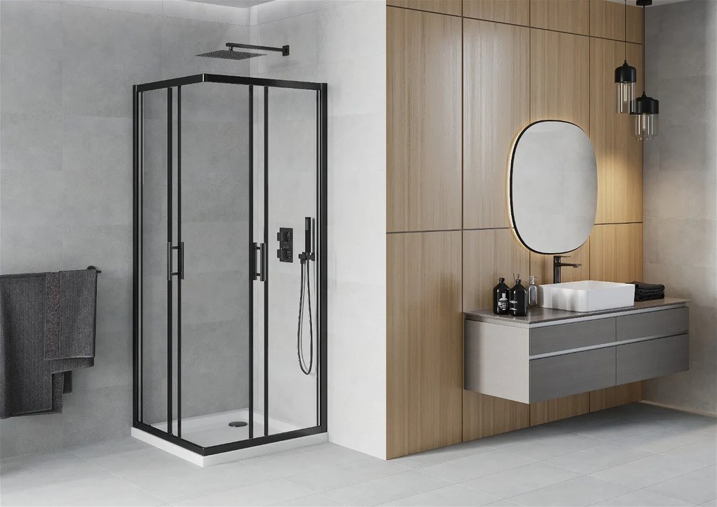 Mexen Rio, sprchovací kút s posuvnými dverami 90x90x190 cm, 6mm číre sklo, čierny profil, biela sprchová vanička SLIM, 860-090-090-70-00-4010