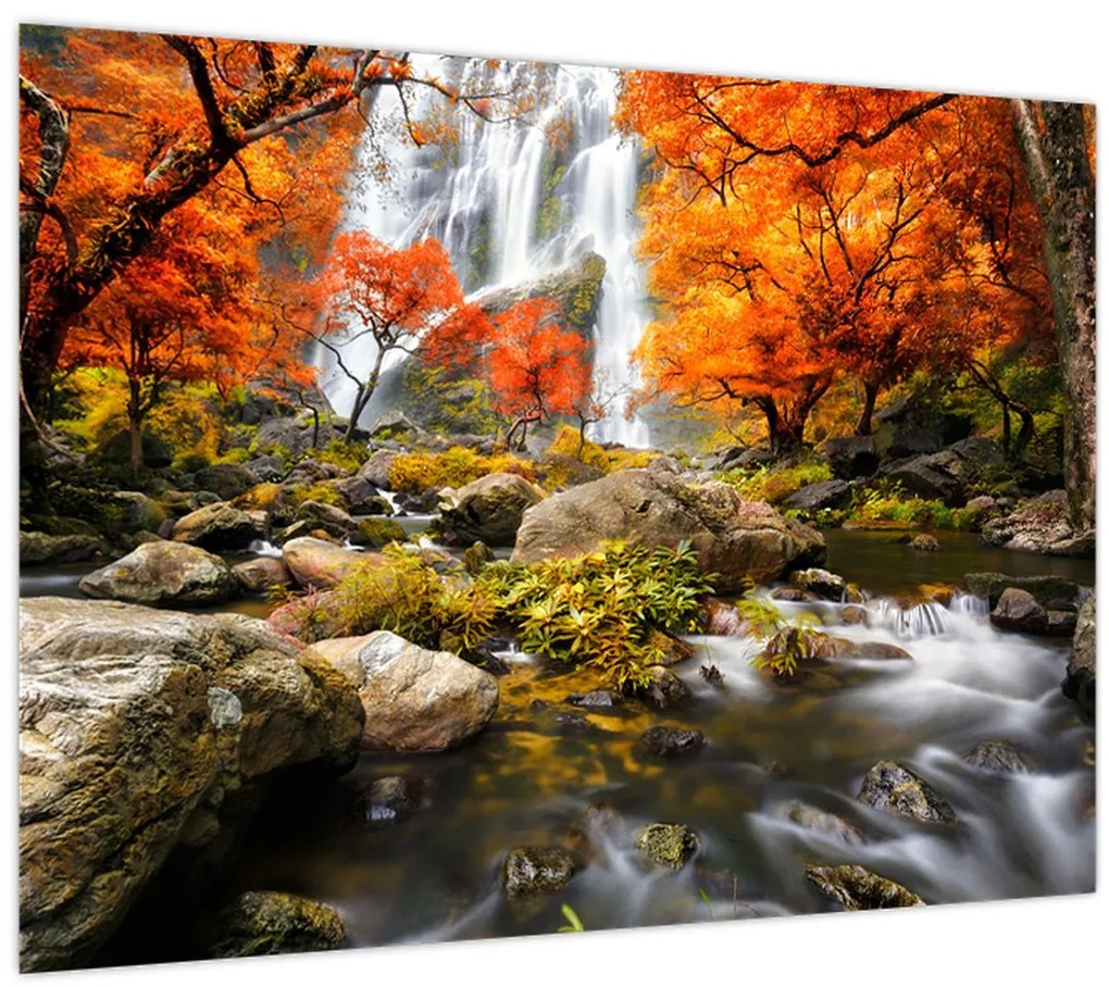 Obraz - Vodopády v jesennej krajine, oranžový (70x50 cm)