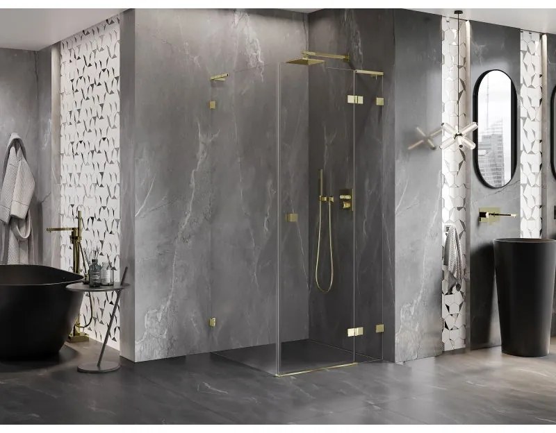 Mexen Lunar, L výklopný sprchový kút pravý 70 x 70 cm, 8mm číre sklo, zlatý profil, 834L-070-070-50-00-P
