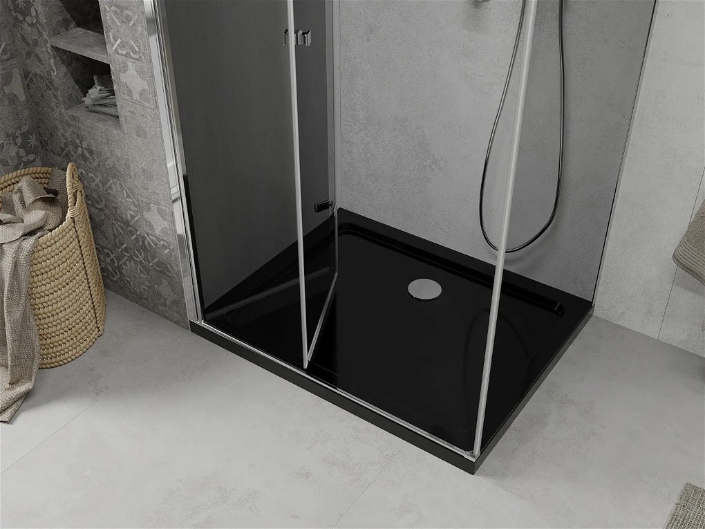 Mexen Lima, sprchový kút so skladacími dverami 90 (dvere) x 120 (stena) cm, 6mm šedé sklo, chrómový profil + slim sprchová vanička čierna + chrómový sifón, 856-090-120-01-40-4070