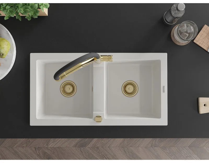 Mexen Mario, granitový drez 820x436x161 mm, 2-komorový a drezová batéria Duo, biela, 6504-20-671701-57-G