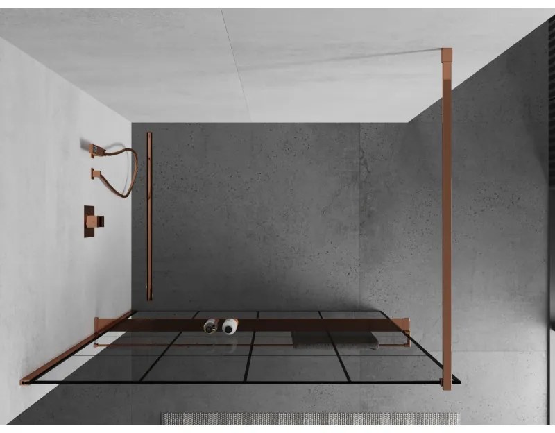 Mexen Kioto, sprchová zástena s poličkou a držiakom na uteráky 140 x 200 cm, 8mm číre sklo s čiernym vzorom, profil ružové zlato, 800-140-121-60-77
