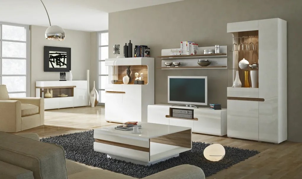 Nízka vitrína Linate, biely lesk/dub