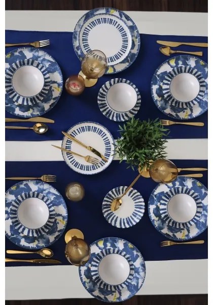Jedálna súprava 24 ks, bielo-modrá, z kameniny