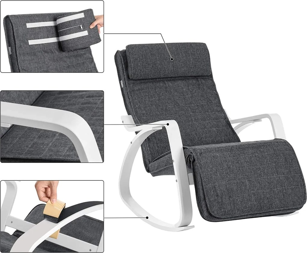 Hojdacie kreslo brezové, relaxačné kreslo, 5 stupňová nastaviteľná opierka nôh, tmavošedé