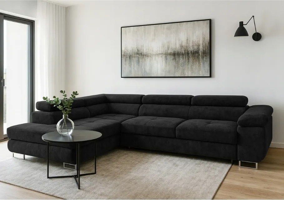 Ľavostranná rohová sedačka Avesta s funkciou spania v silnej čiernej pletenine