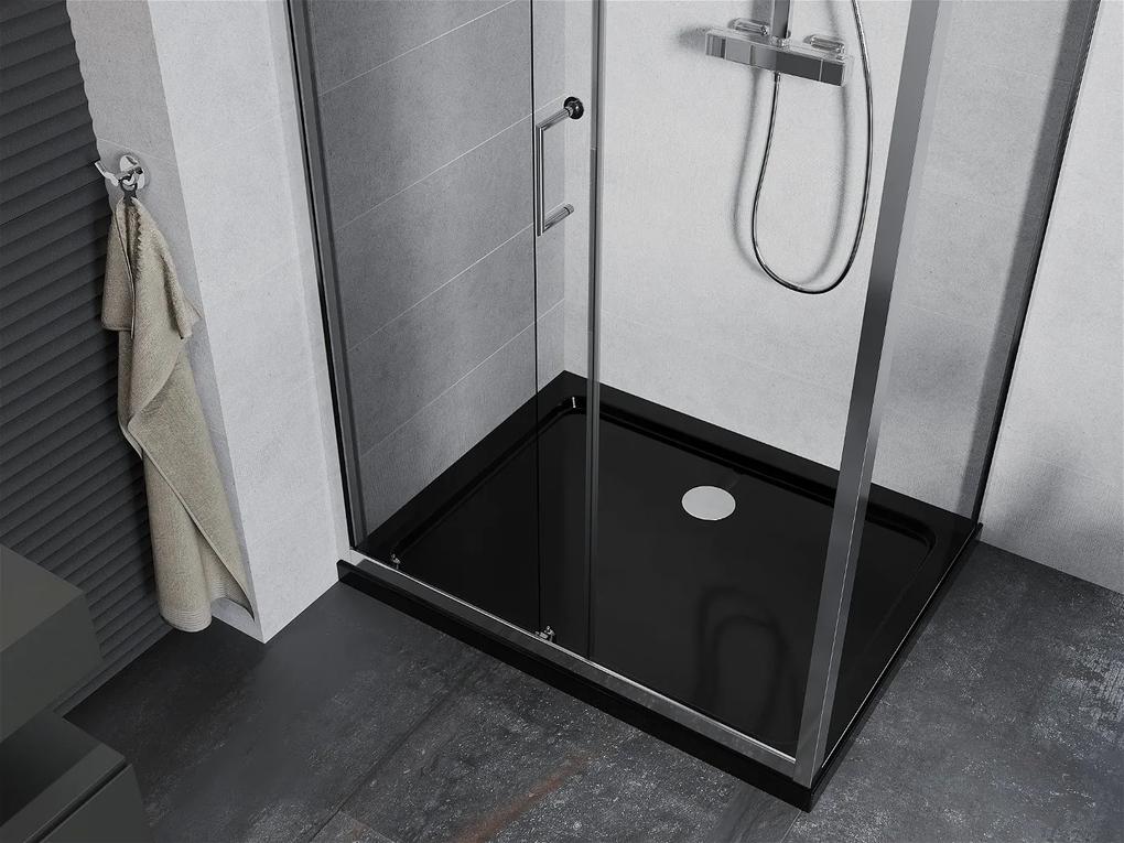 Mexen Apia sprchovací kút s posuvnými dverami 110 (dvere) x 80 (stena) cm, 5mm číre sklo, chrómový profil + čierna sprchová vanička s chrómovým sifónom, 840-110-080-01-00-4070