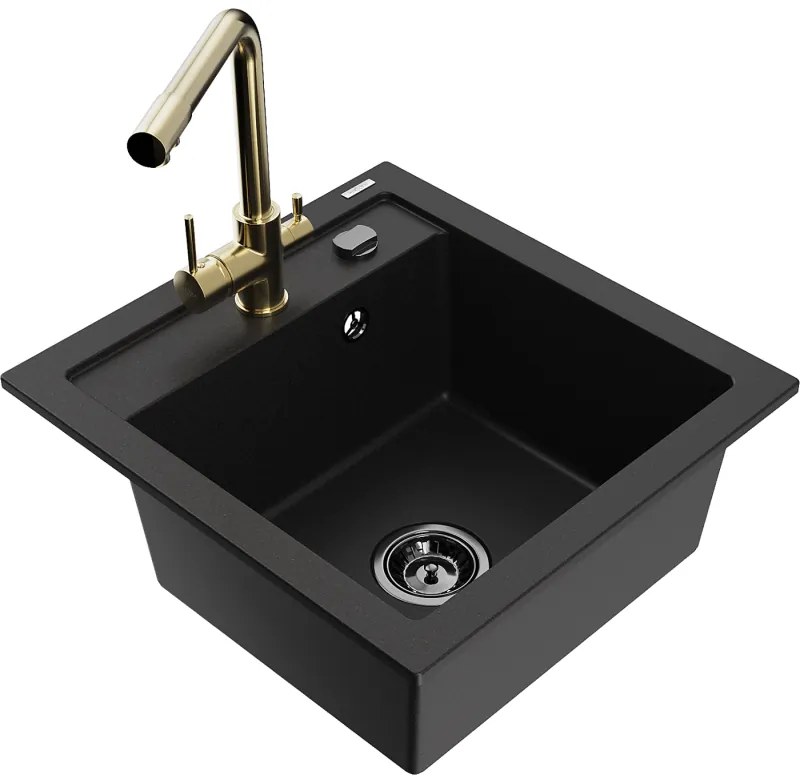 Mexen Vito, 1-komorový granitový drez 520x490x210 mm, zlatá batéria Duero, čierna, 6503-77-671600-50-B