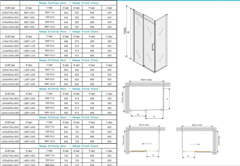Mexen Omega, sprchovací kút s posuvnými dverami 150 (dvere) x 70 (stena) cm, 8mm sklo, chrómový profil-šedé sklo, 825-150-070-01-40