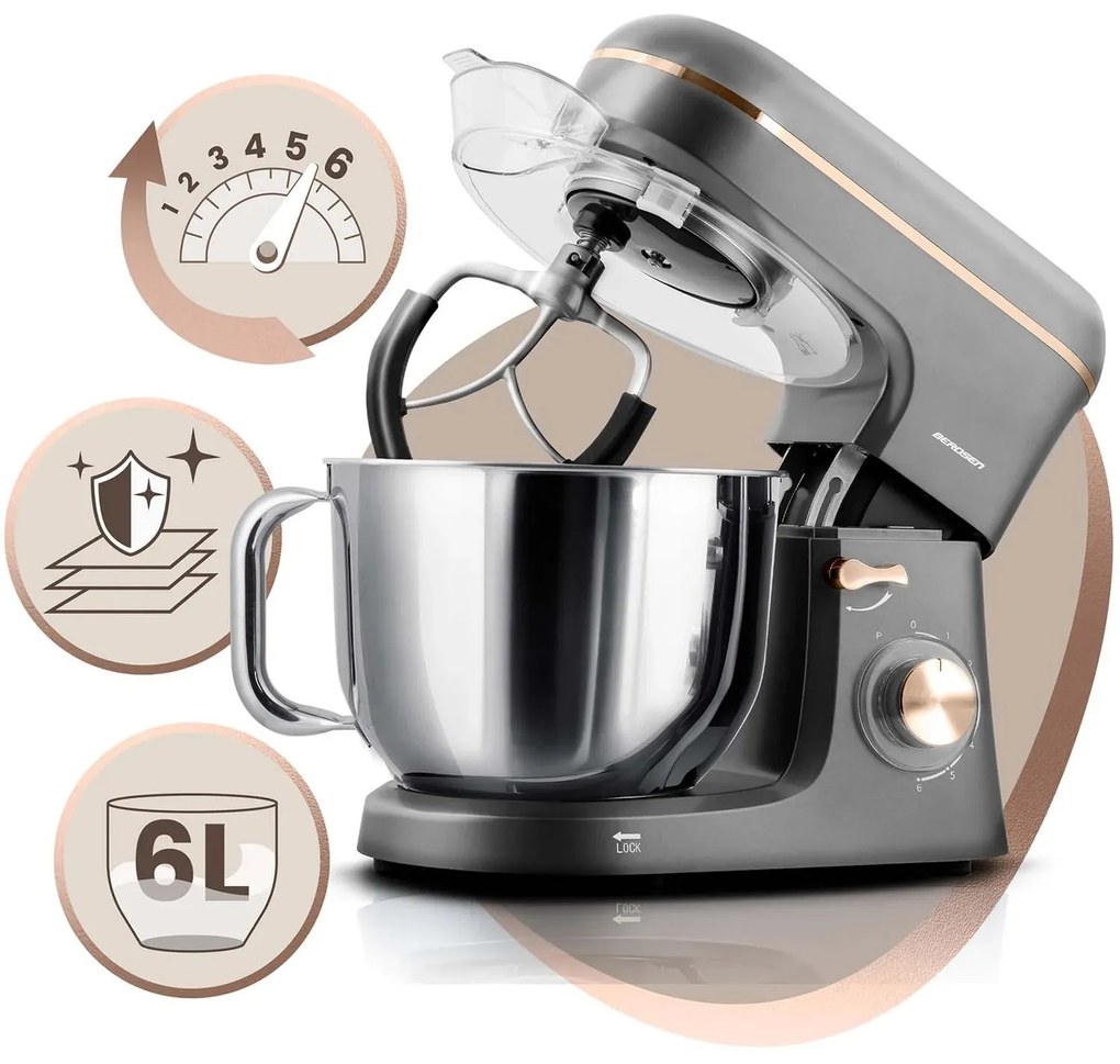 Berdsen 1400 W BD-756 3-v-1 planetárny mixér kuchynský robot 6 l Farba: strieborno-zlatý