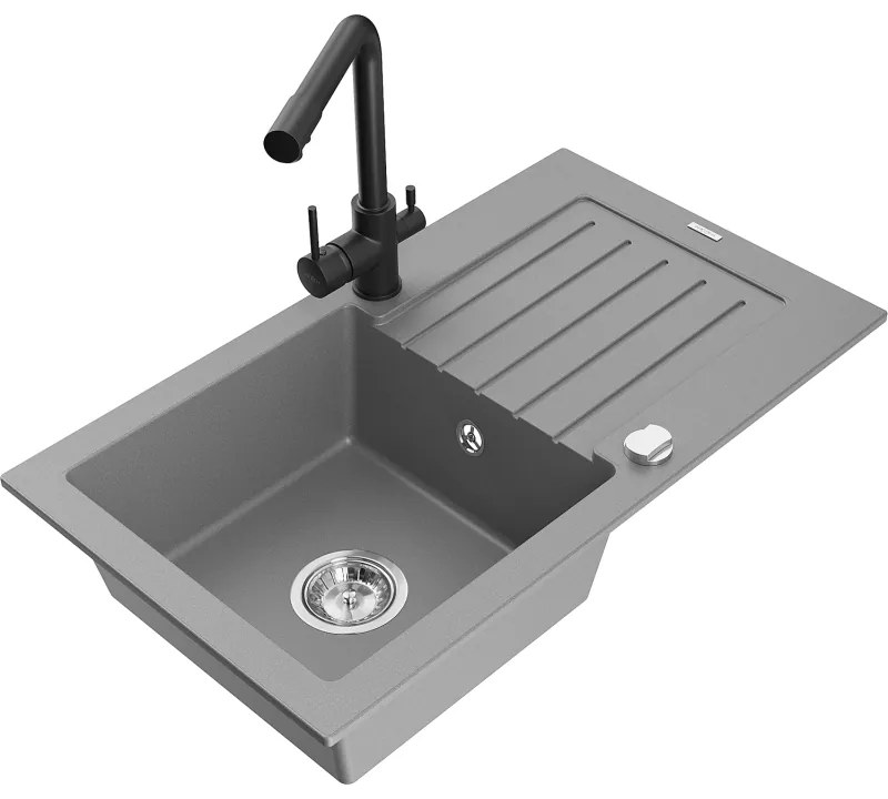 Mexen Pablo, granitový drez 752x436x161 mm, 1-komorový a čierna batéria Duero, šedá, 6510-71-671600-70