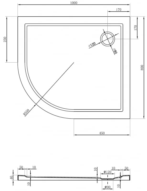 Mexen Flow, asymetrická štvrťkruhová sprchová vanička slim, pravá 100 x 80 cm, biela lesklá, 46Q108010R
