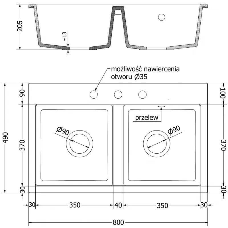 Mexen Hektor, 2-komorový granitový drez 800x480x205 mm, čierna-zlatá metalíza, chrómový sifón, 6521802000-75