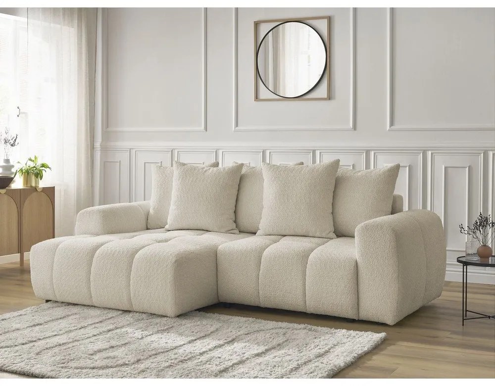 Béžová rozkladacia/s úložným priestorom rohová pohovka z textílie buklé (ľavý roh/s leňoškou) Roxelane – Bobochic Paris