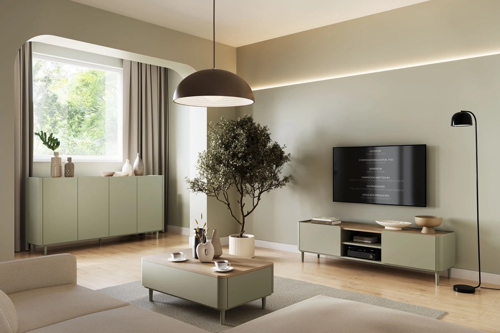 TV stolík Elivo 170 cm na nožičkách - eukalyptus / dub baltic dune