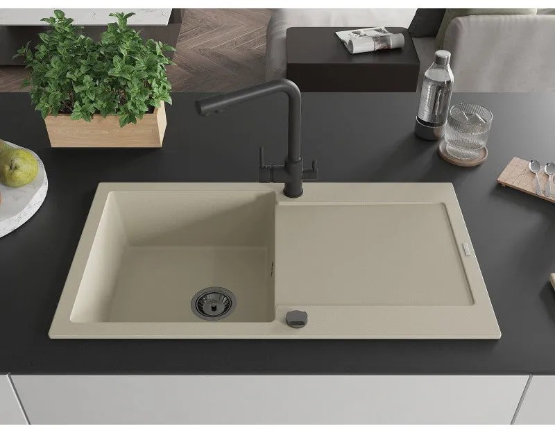 Mexen Leo, drez granitový 900x500x190 mm, 1-komorový a čierna batéria Duero, béžová, 6501-69-671600-70