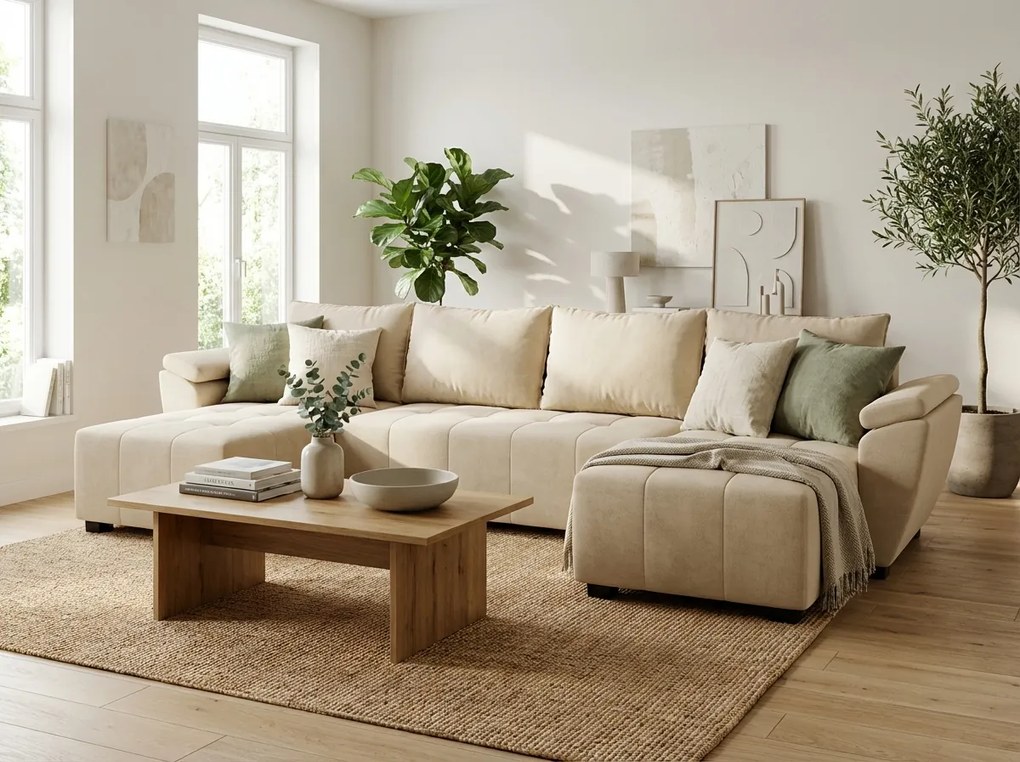 AKCIA Rozkladacia sedacia súprava do U LIVARO 305x140 cm, krémová II. akosť