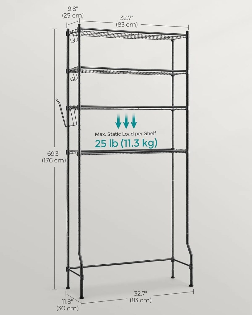 Kovový stojan, 4 úrovňový úložný priestor nad toaletu, čierny