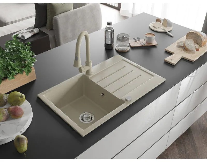 Mexen Bruno, 1-komorový granitový drez 795x495x200 mm a drezová batéria Elia, béžová, 6513-69-670101-69