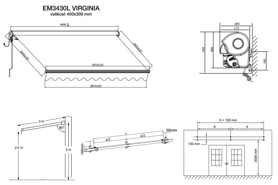 Kazetová elektrická markíza VIRGINIA s LED osvetlením 4x3m Sivo-Strieborná