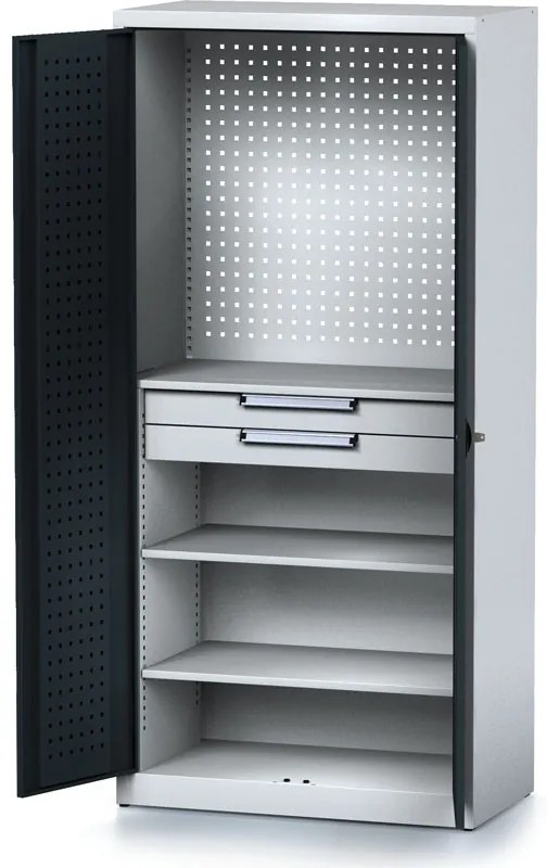 Policová dielenská skriňa 2-dverová MECHANIC, 2 zásuvky, 3 police, 920 x 500 x 1950 mm, antracitové dvere