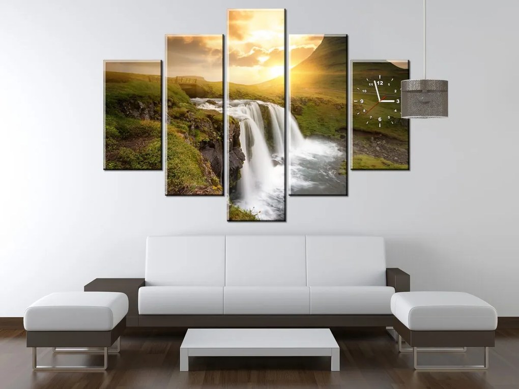 Gario Obraz s hodinami Islandská krajina - 5 dielny Rozmery: 150 x 105 cm