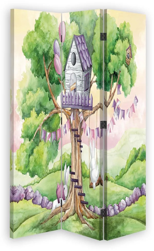 Gario Paraván Domček na strome a biele králiky Rozmery: 145 x 170 cm, Prevedenie: Otočný paraván 360°
