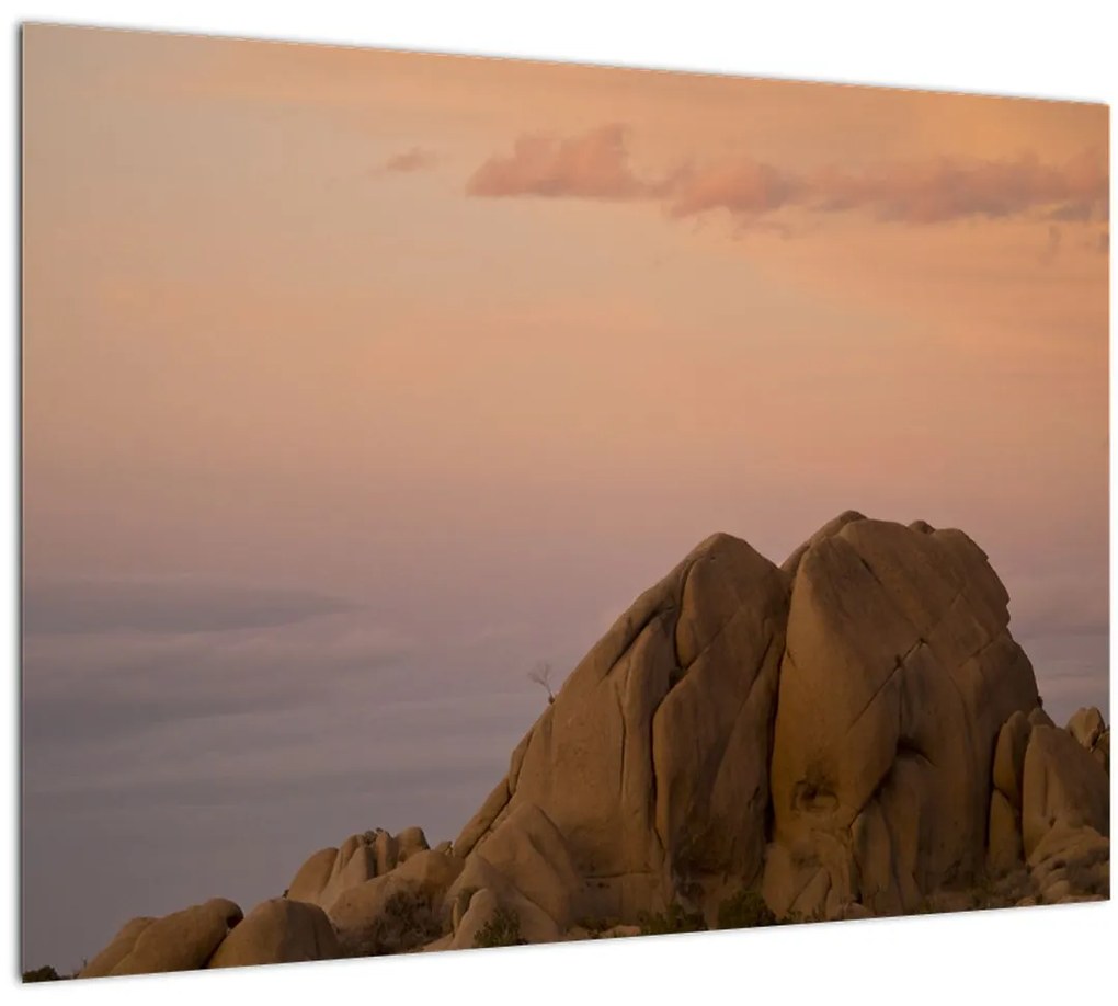 Sklenený obraz západu slnka v skalách (70x50 cm)