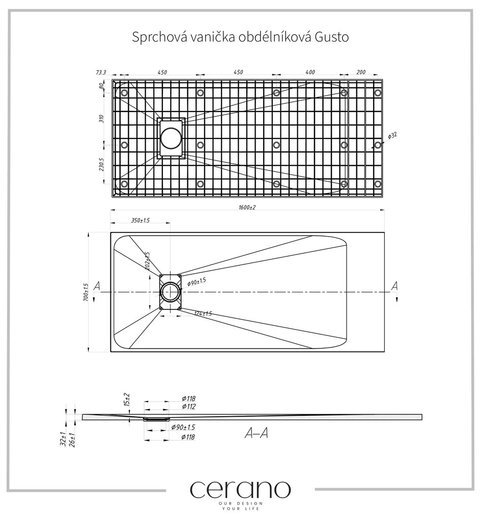 Cerano Gusto, obdĺžniková sprchová vanička 160x70x3 cm z minerálneho kompozitu, čierna matná, CER-CER-414623