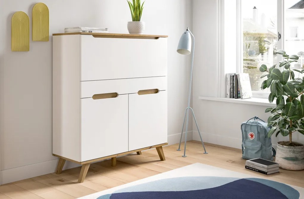 Sekretár s výklopným stolíkom Scandi, biela/dub nox