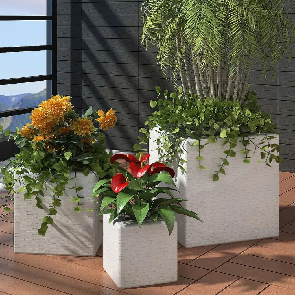 vidaXL Štvorcové záhradné ratanové kvetináče, súprava 3 ks, biele