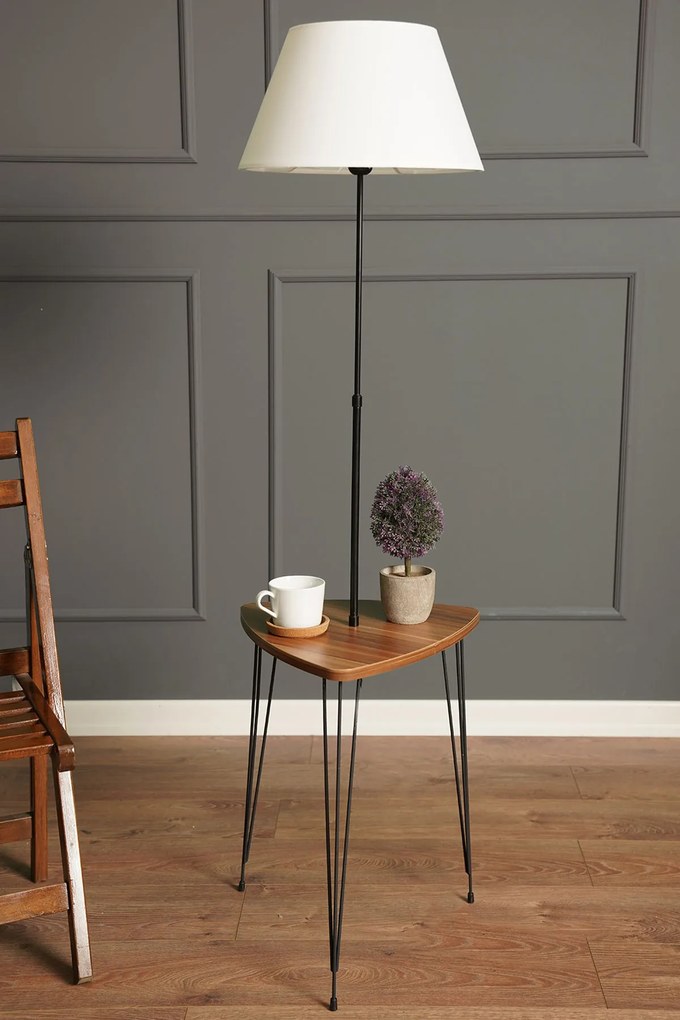 Stojací lampa TM2002 se stolkem bílá/ořech