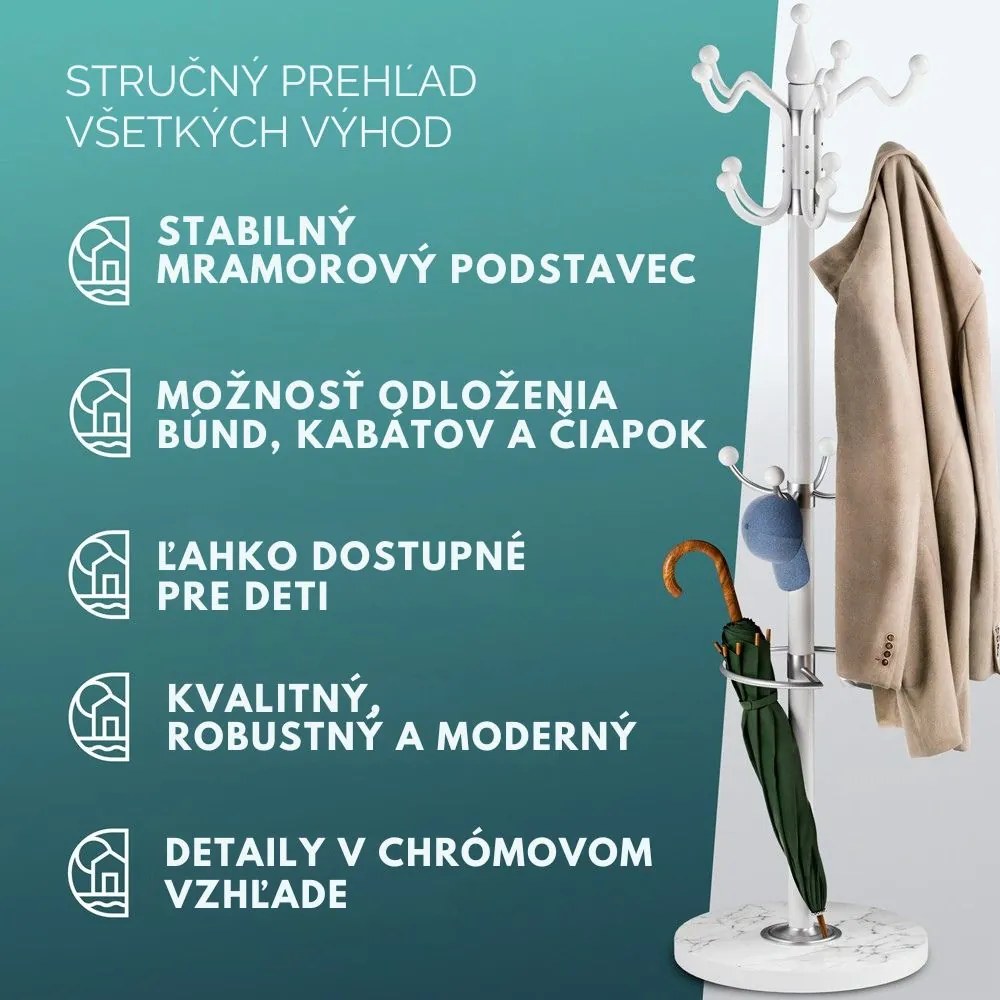 Stojanový vešiak TENZY s mramorovým podstavcom, 37x173cm, biela Casaria