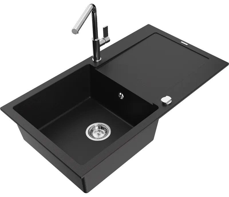 Mexen Leo, 1-komorový granitový drez 900x500x190 mm a drezová batéria Flora, čierna, 6501-77-670401-00