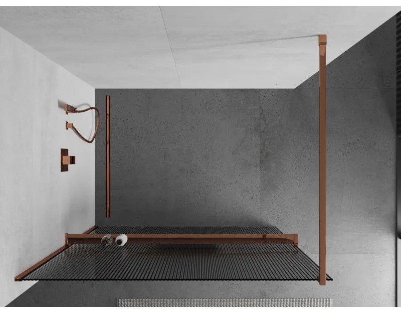 Mexen Kioto, sprchová zástena s poličkou a vešiakom na uteráky 140 x 200 cm, 8mm sklo s rebrovým vzorom, profil ružové zlato, 800-140-121-60-09