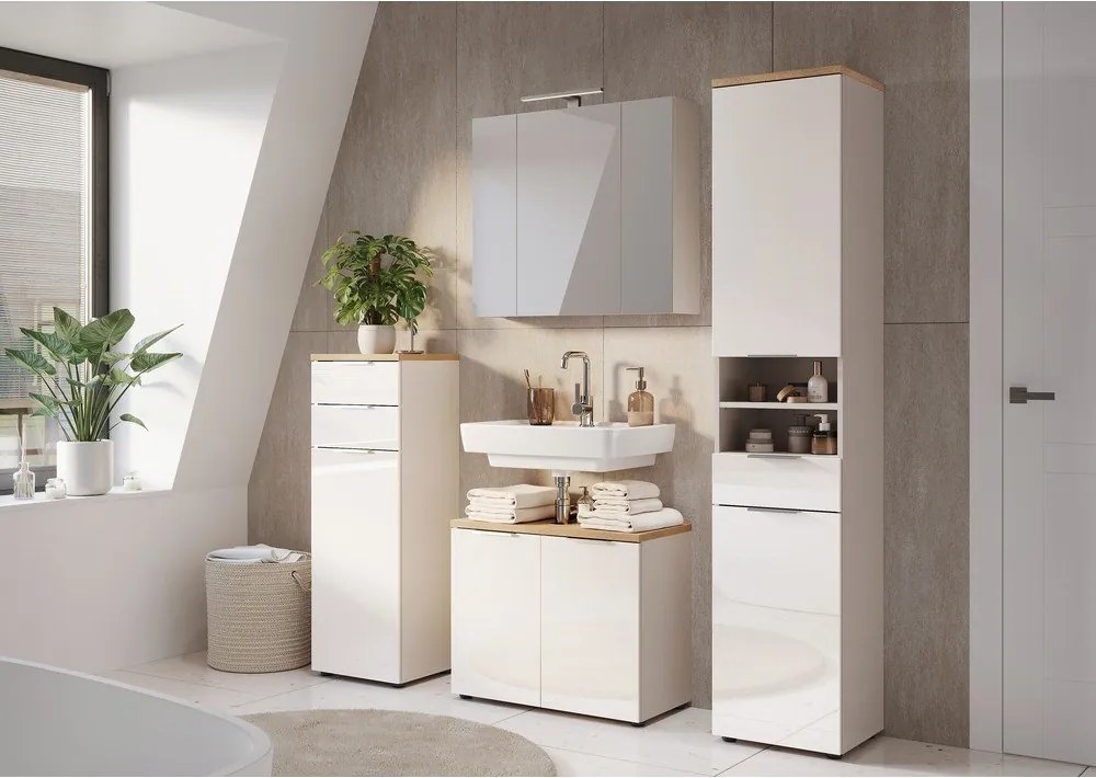 Krémová lesklá vysoká/úzka kúpeľňová skrinka 39x190 cm Tavira – Germania