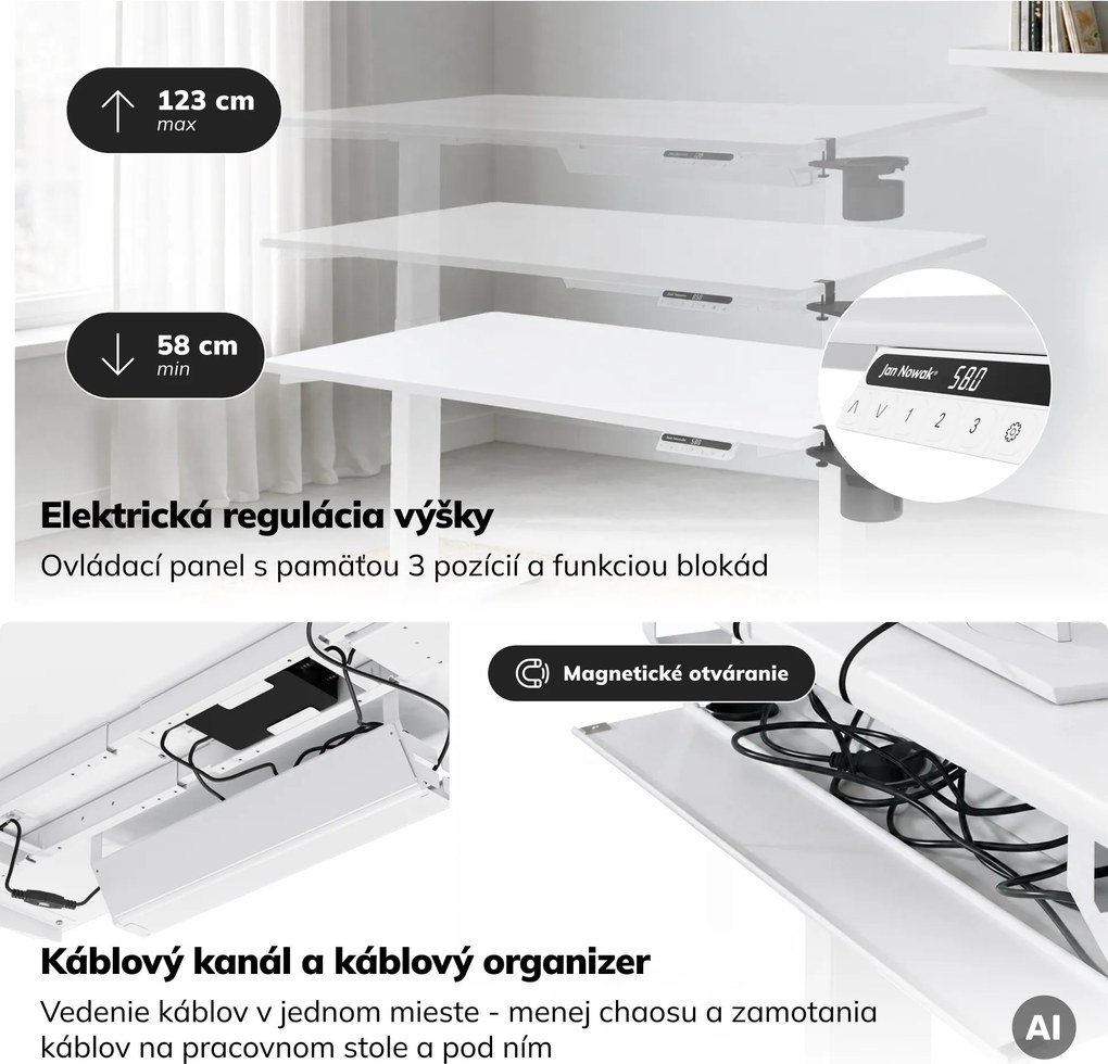 Elektrický stôl s nastaviteľnou výškou ergonomický biely,1200x600 mm: ARIA