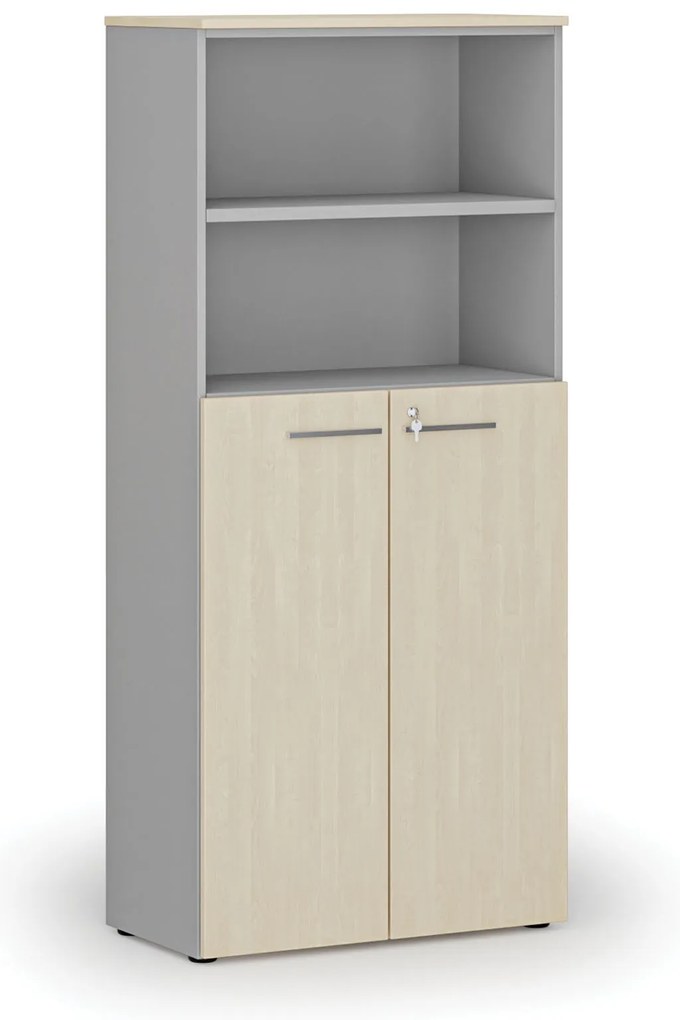 Kombinovaná kancelárska skriňa PRIMO GRAY, dvere na 3 poschodia, 800 x 420 x 1781 mm, sivá/breza