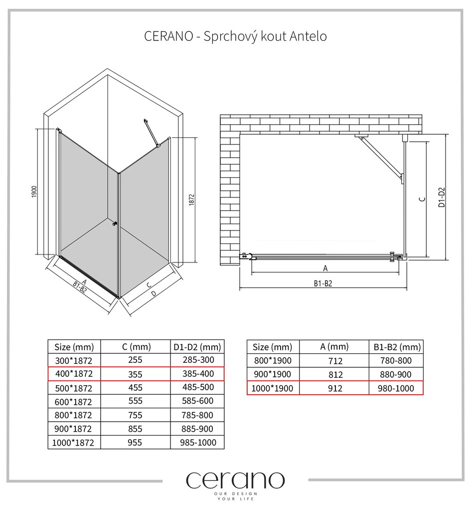 Cerano Antelo, 1-krídlový sprchovací kút 100(dvere) x 40(stena) x 190 cm, 6mm číre sklo, čierny profil, CER-CER-477245