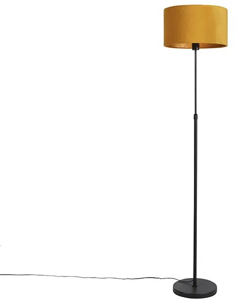 Stojaca lampa čierna s tienidlom z velúru okrovej žltej farby so zlatom 35 cm - Parte