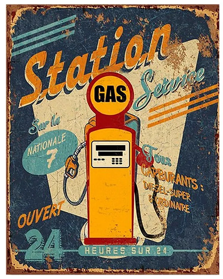 Modrá nástenná ceduľa Station Gas - 25*1*33 cm