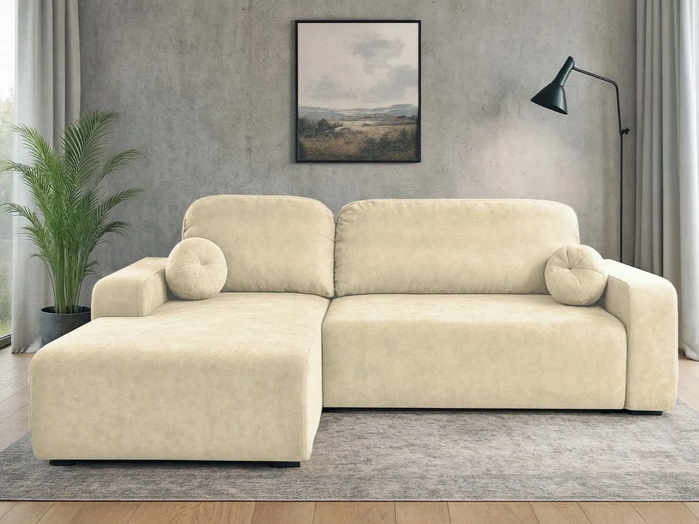 Rohová sedačka s funkciou spania Tori ľavá s úložným priestorom na posteľnú bielizeň, krémový velúr