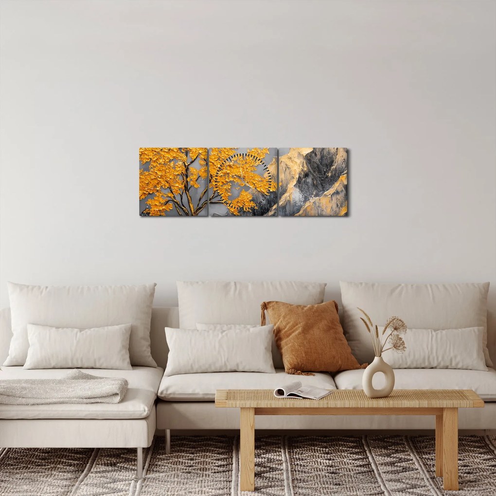 Obraz – Zlatý strom v horách (s hodinami) (90x30 cm)