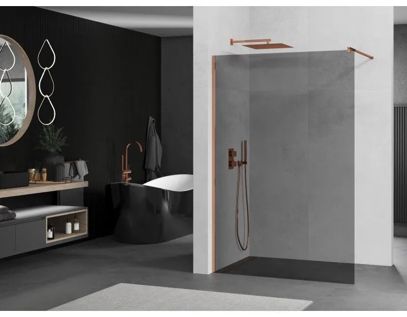 Mexen Kioto, sprchová zástena 90x200 cm, 8mm šedé sklo, profil ružové zlato, 800-090-101-60-40