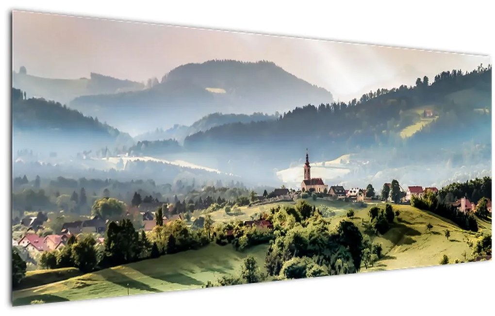 Obraz - dedinka v hmle (120x50 cm)