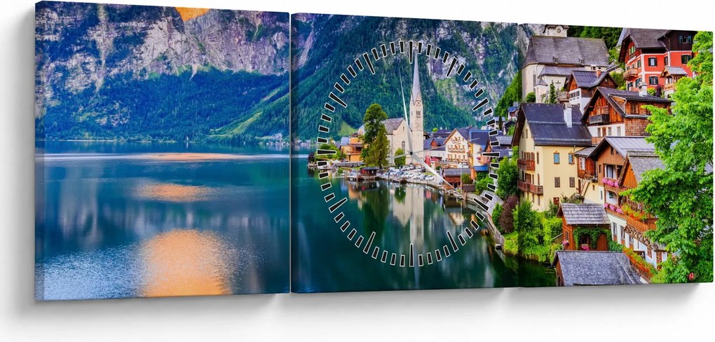 Obraz - Alpská dedina (s hodinami) (90x30 cm)