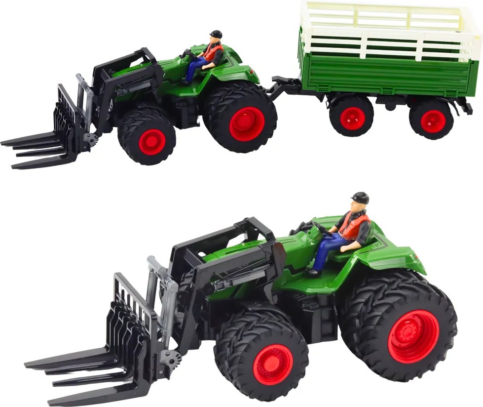 LEAN Toys Poľnohospodársky traktor s prívesom a vidlicami, dvojité kolesá, diaľkovo ovládaný RC