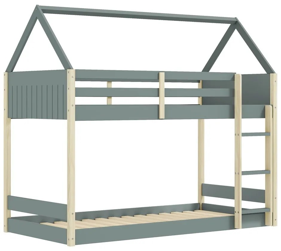 Domčeková/poschodová detská posteľ s roštom 90x190 cm v prírodnej farbe/sivozelená Valka – Marckeric